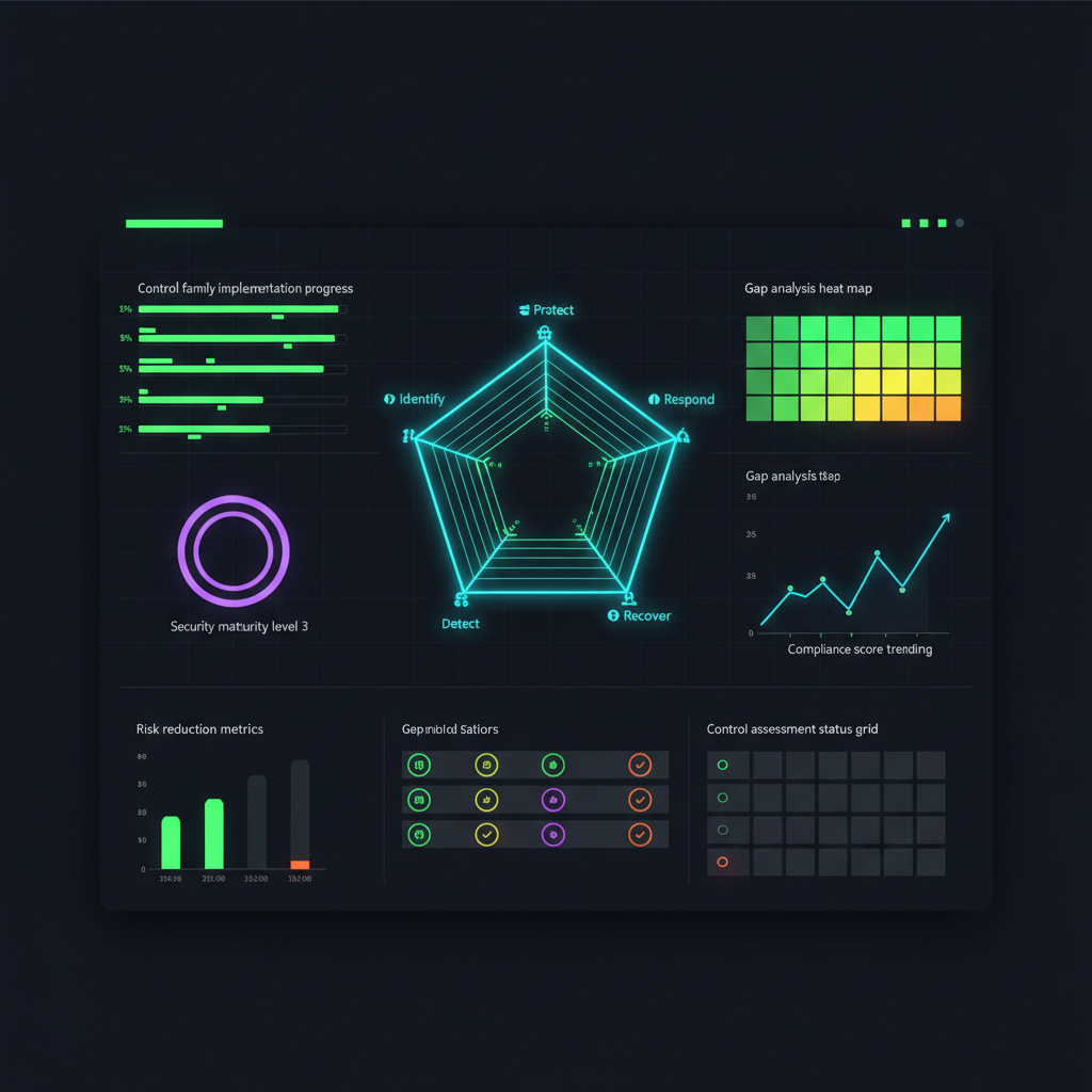 Dashboard de cumplimiento NIST con controles y métricas de madurez